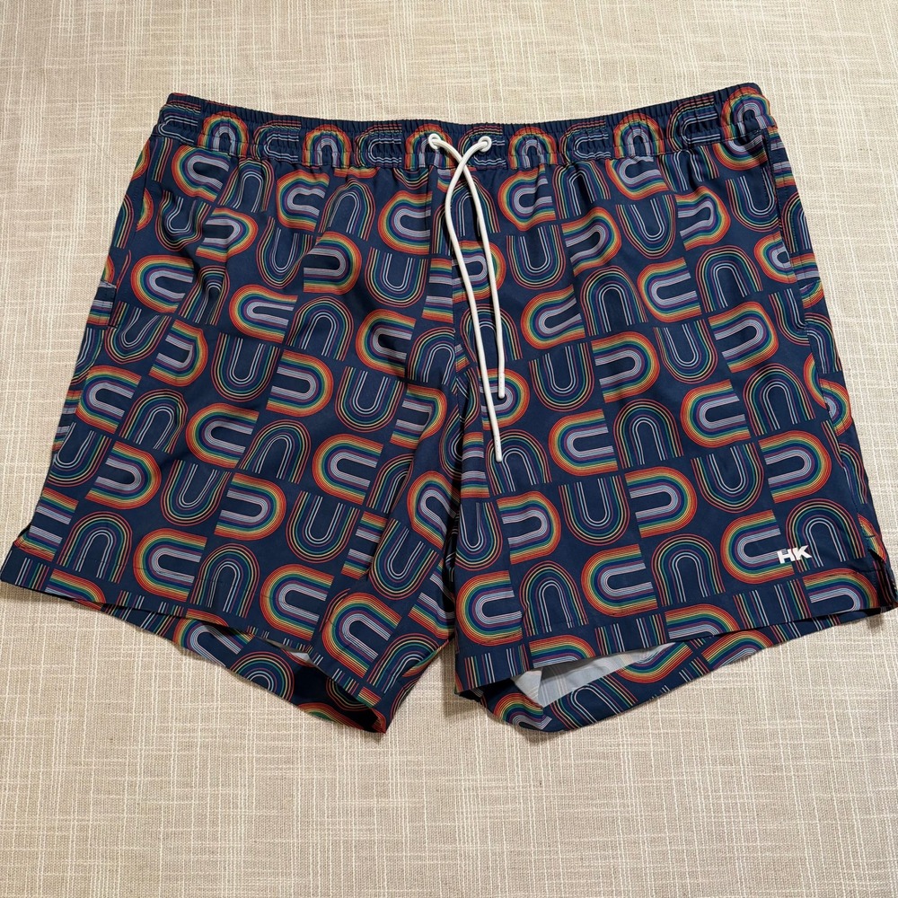 Humankind Mens 2XL Swim Trunks Navy Rainbow Arch Geometric Print Shorts 679011P